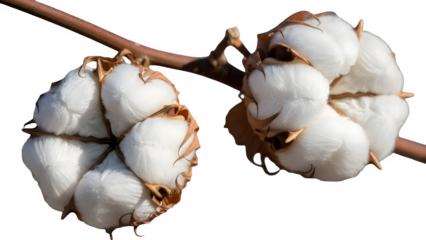 Two open cotton bolls on a branch isolated on transparent background