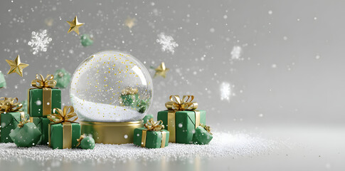 Elegant Christmas gifts and snow globe with golden accents create a festive holiday scene, perfect for seasonal greetings and joyful celebrations