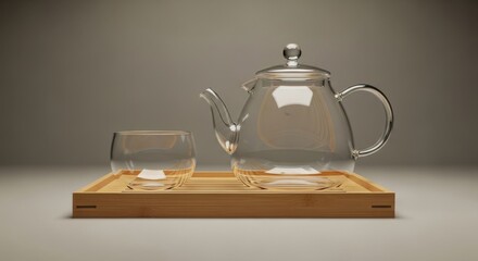 Elegant glass teapot and cup on a wooden tray for tea ceremony.