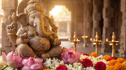 Fototapeta premium Ganesha statue adorned with vibrant flowers and traditional lamps in a sacred temple setting