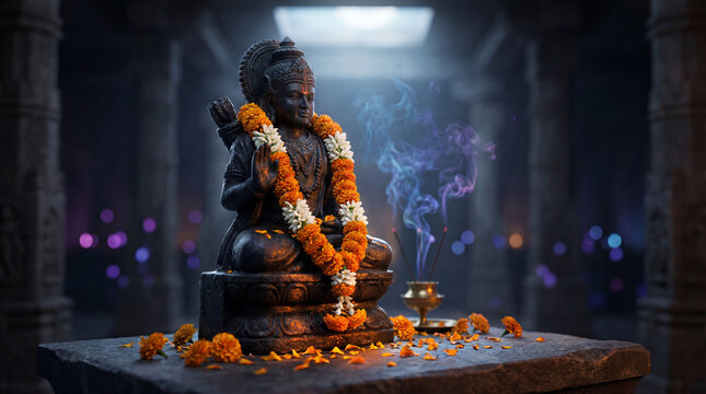 Ancient stone statue of a hindu deity adorned with vibrant marigold garlands and sacred smoke in a dimly lit temple - Powered by Adobe