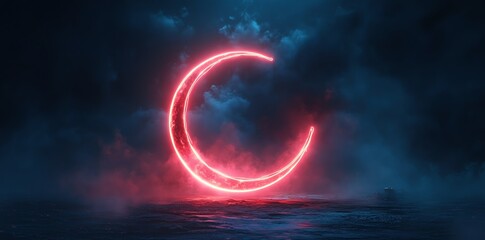 Neon Red Crescent Moon in Dark Cloudy Sky Over Water Night Scene
