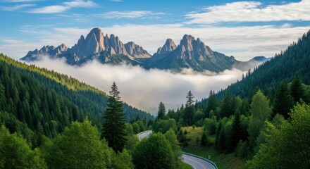 A winding road through a lush forest with majestic mountains in the background.