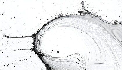 A grayscale, fluid splash with delicate tendrils and droplets against a stark white background