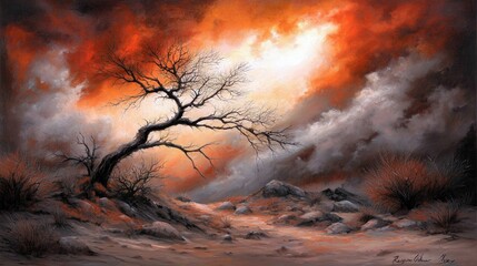 A solitary, gnarled bare tree stands on a rocky, barren landscape under a dramatic sky filled with fiery orange and red clouds, illuminated by a bright light so