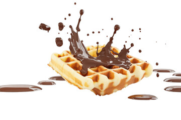 Fototapeta premium A delicious waffle splashing with rich chocolate sauce. captured in mid-air against a clean white background. evoking a sense of indulgence and culinary delight