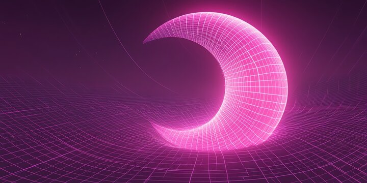 Neon Pink Digital Crescent Moon in Futuristic Grid Landscape