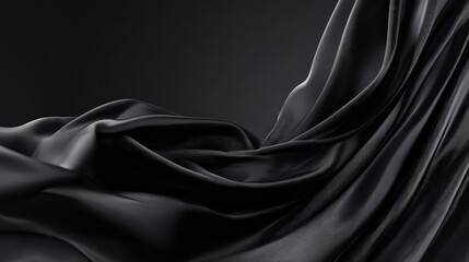 Abstract Black Silk Fabric Texture with Shadow and Light Flowing Curtains in Dark Background