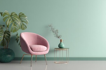Pink Textured Chair and Decorative Plant near a Teal Wall Interior Decoration