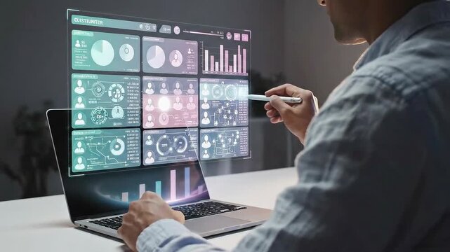 Data analysis professional working on laptop with business statistics charts. - Powered by Adobe