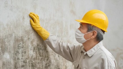 Construction Worker Inspecting Wall for Damage Wearing Hard Hat and Protective Gear in Industrial Setting 4k video footage
