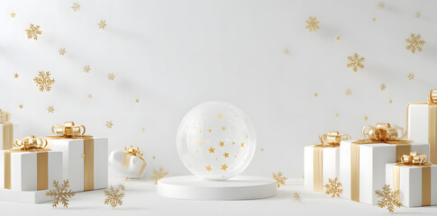 Elegant holiday sale display showcasing gift boxes and snow globe featuring gold accents, ideal for festive promotions and seasonal marketing campaigns