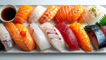 A beautifully arranged platter of assorted fresh sushi with soy sauce.
