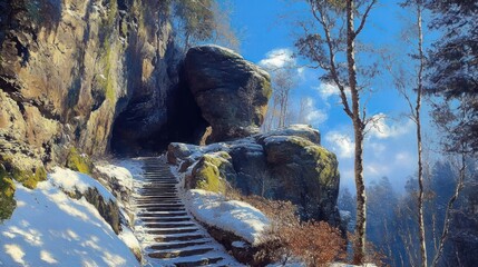 snow-dusted stone steps winding past mossy boulders into a dark rock cave beside birch trees under a bright blue winter sky, peaceful and awe-inspiring
