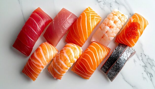 An overhead view of assorted sushi nigiri pieces arranged on a white marble surface, showcasing fresh seafood.