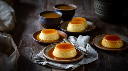 Creative food template. Plates of flan Crème caramel condensed milk pudding cake, custard creamy baked dessert and syrup sauce with linen napkin on rustic wooden table. copy text space.