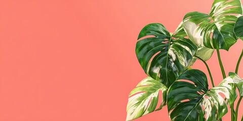 Variegated Monstera Plant With Green And White Leaves Against A Coral Pink Background