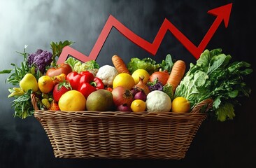 wicker basket overflowing with assorted fresh fruits and vegetables beneath a red upward arrow conveying abundance, prosperity and optimistic growth