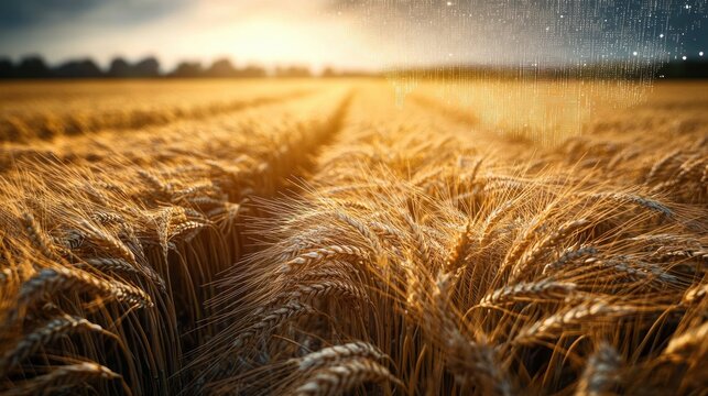 Close-up of golden wheat field at golden hour with a narrow path through rows, distant tree line and warm glowing sunset conveying a serene, nostalgic mood