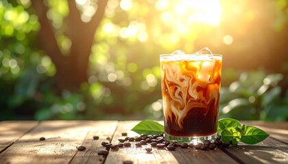 Refreshing iced coffee drink with cream swirls, ice cubes, and coffee beans on a wooden surface.