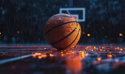 wet basketball resting on rain-soaked outdoor court at night with glowing puddle reflections and blurred hoop in background, evoking solitude and determined mood