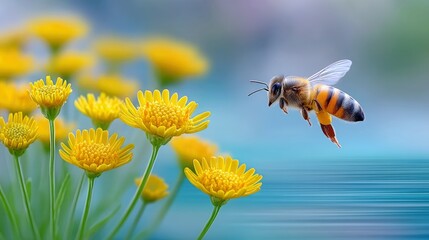 A close-up of a bee in flight, with its wings outstretched, approaching a cluster of vibrant yellow flowers. The background is a soft blur of blue and green, su