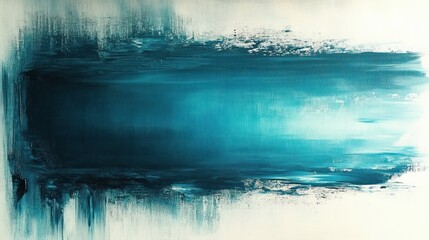 large horizontal teal and turquoise brushstroke on white canvas with textured smudged edges conveying calm depth and subtle movement