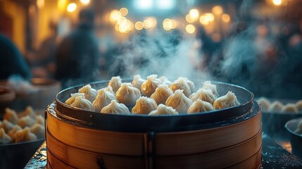 Steaming dumplings nestled in a bamboo steamer with rising steam, warm bokeh lights and a bustling blurred night market crowd creating an inviting cozy atmosphere
