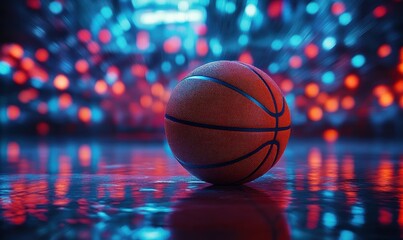 A lone basketball on a glossy court under vibrant red and blue bokeh lights, evoking energetic anticipation and dramatic focus