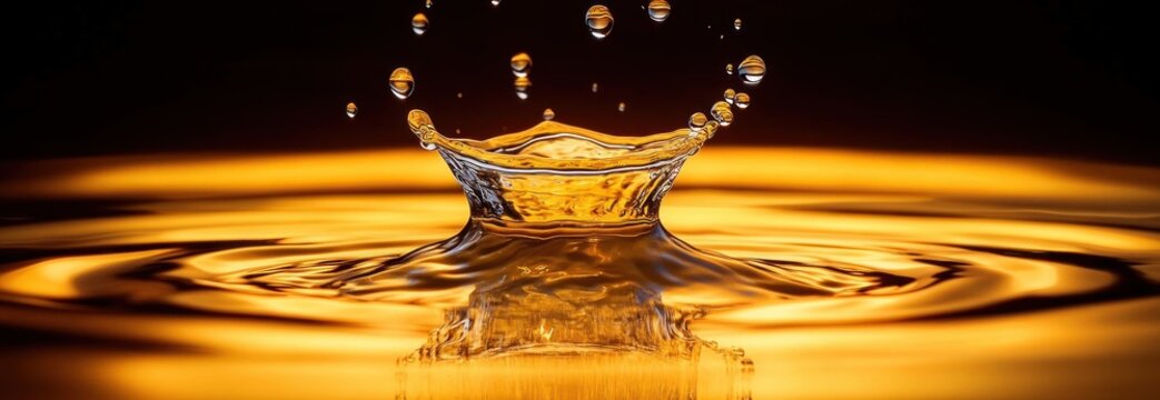 golden water droplet crown splashing on reflective surface with ripples and suspended droplets, serene and mesmerizing - Powered by Adobe