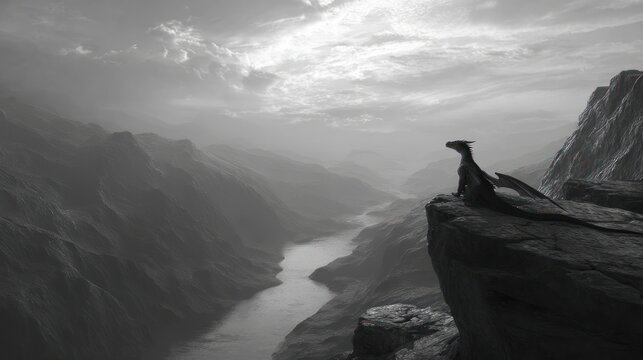 Dragon perched on a cliff overlooking a valley