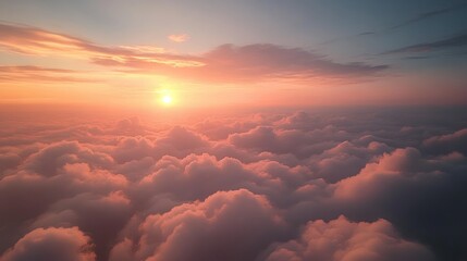 golden sun above a vast sea of soft pink clouds, tranquil pastel sky evoking calm and awe