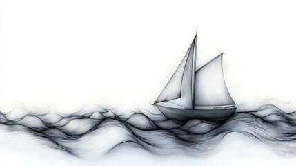solitary sailboat with billowing sails gliding across flowing ink-like waves under a vast pale sky, evoking calm solitude and quiet contemplation