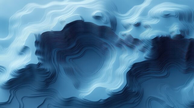 Layered blue topographic contours forming flowing undulating terrain with deep ridges, soft lighting and a calm mysterious atmosphere