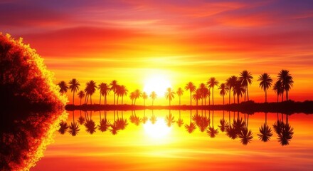 Vibrant tropical sunset over calm water with palm tree silhouettes reflecting in the orange and yellow glow of the setting sun, creating a dramatic and serene landscape