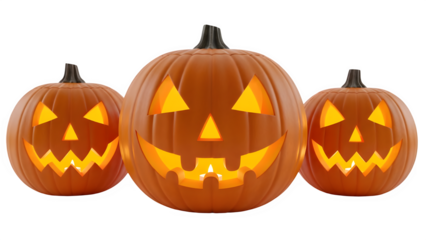 Three glowing carved halloween pumpkins isolated on transparent background