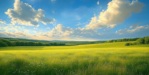 Sunlit green meadow with wildflowers, distant tree line and rolling hills under a bright blue sky with fluffy clouds, evoking calm and serenity