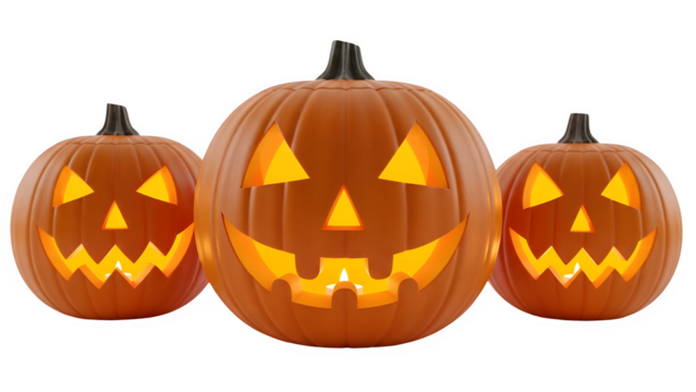 Three glowing carved halloween pumpkins isolated on transparent background