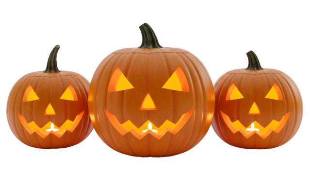 Three glowing jack o lanterns carved for halloween isolated on transparent background