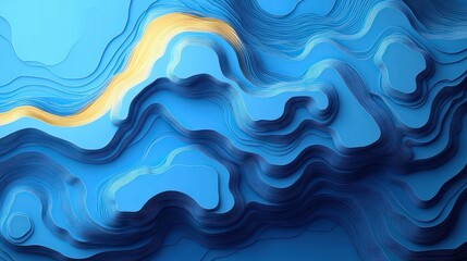 layered blue topographic contours with a flowing golden ridge, paper-cut waves and serene undulating movement