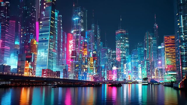 Vibrant futuristic city skyline at night with illuminated skyscrapers reflecting on the water - Powered by Adobe
