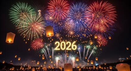 Obraz premium Spectacular new year fireworks display with floating lanterns and the year 2026 illuminated