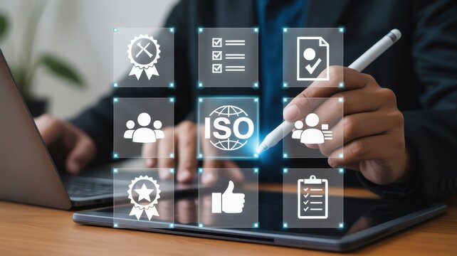 Business professional interacts with a glowing digital interface displaying quality management and compliance icons