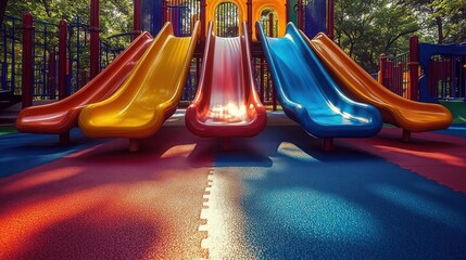 empty row of brightly colored playground slides on rubber safety flooring with sunlit trees and soft shadows, inviting playful and peaceful mood