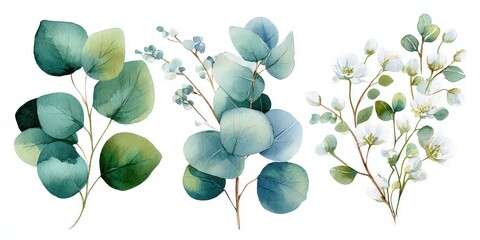 Watercolor Illustration of Eucalyptus and White Floral Sprigs against White Background Delicate Botanical Arrangement in Green and White Hues