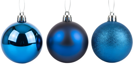 Three blue oval christmas ornaments isolated on transparent background