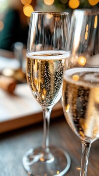 Two elegant champagne flutes filled with bubbly champagne, set against a soft bokeh background of warm, golden lights. The image evokes a celebratory and festiv