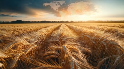 golden wheat field with furrowed rows leading to a glowing sunset horizon and a dotted world map overlay, evoking serene abundance and hopeful calm