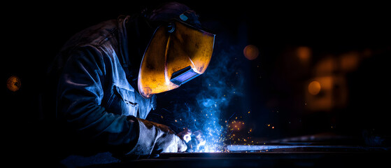 Skilled welder in protective gear working on metal with sparks flying in dark environment