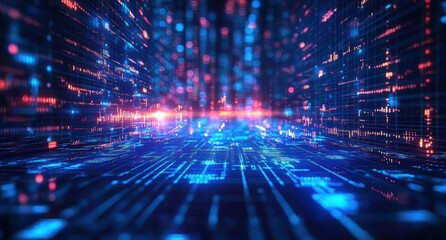 a glowing neon blue and pink digital grid tunnel with vertical light columns and scattered data points receding to a bright horizon, evoking futuristic immersive energy